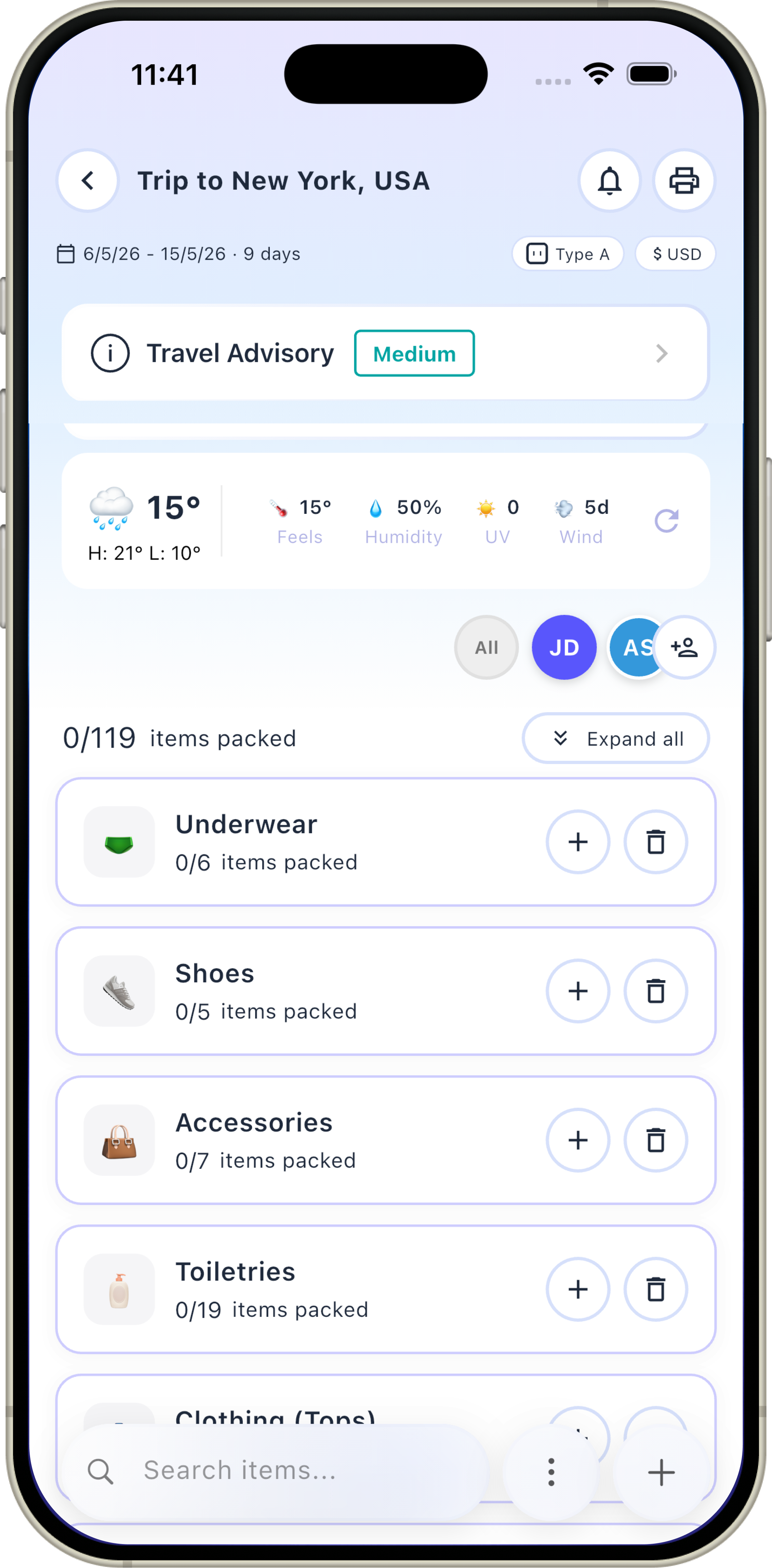 Packwise app screenshot showing a packing list for a trip to New York